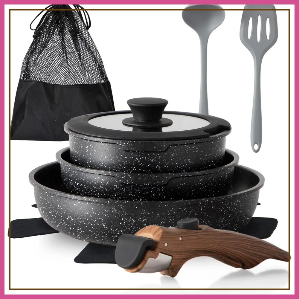 

10-Piece Black Granite Induction Cookware Set, Non Stick, Stackable RV Pots and Pans with Removable Handle