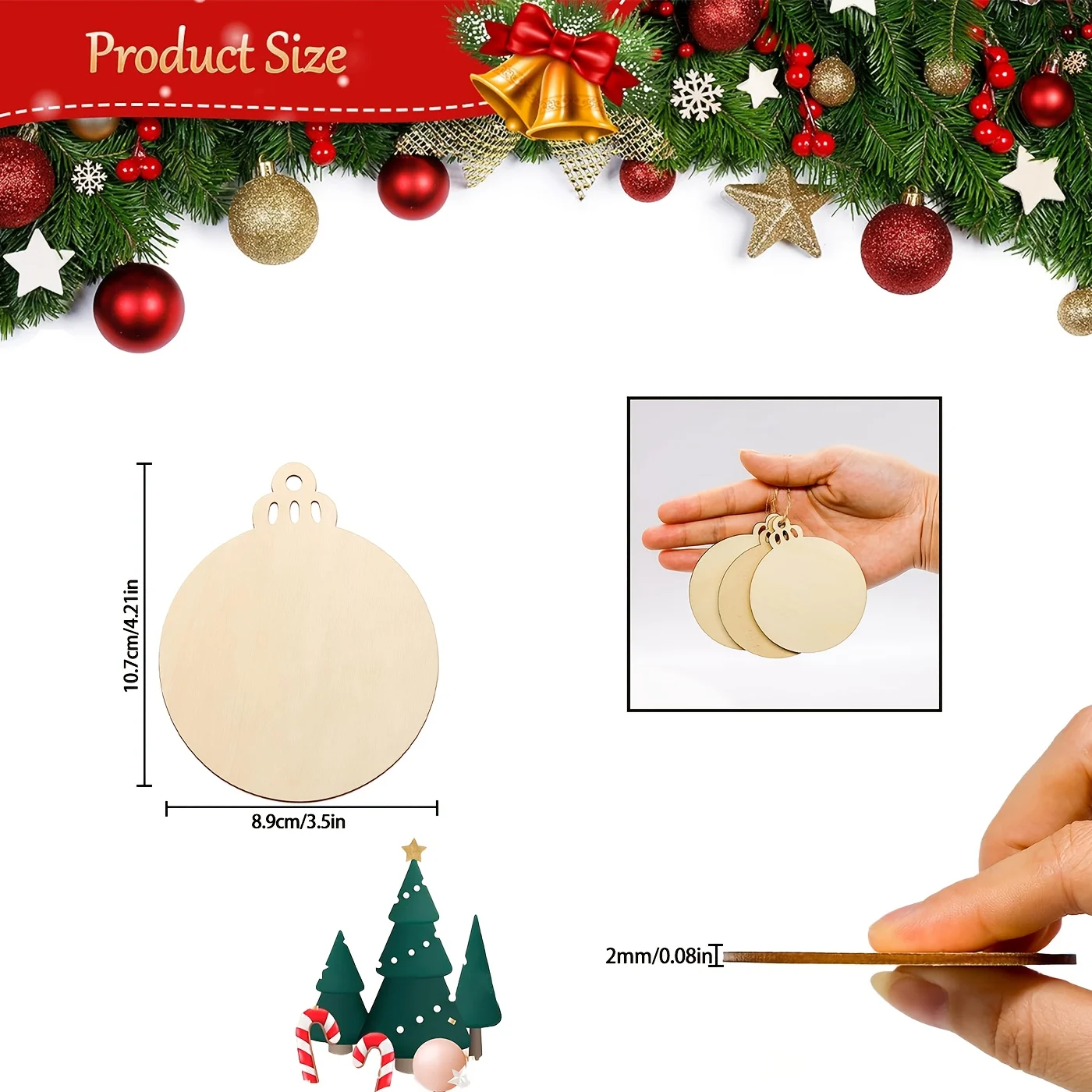 15/25/50 قطعة 3.5 "x 4.2" زخارف عيد الميلاد الخشبية شرائح خشبية غير مكتملة مع ثقوب مع حبل 10 متر خشب مستدير محفور مسبقًا #2
