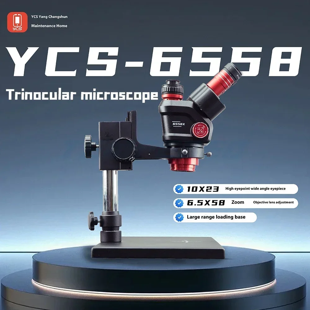 YCS 6558S HD Trinocular Microscope with Base 6.5X58 Zoom 4K Camera kit for Mobile Phones PCB Welding Microscope Power Tools Sets