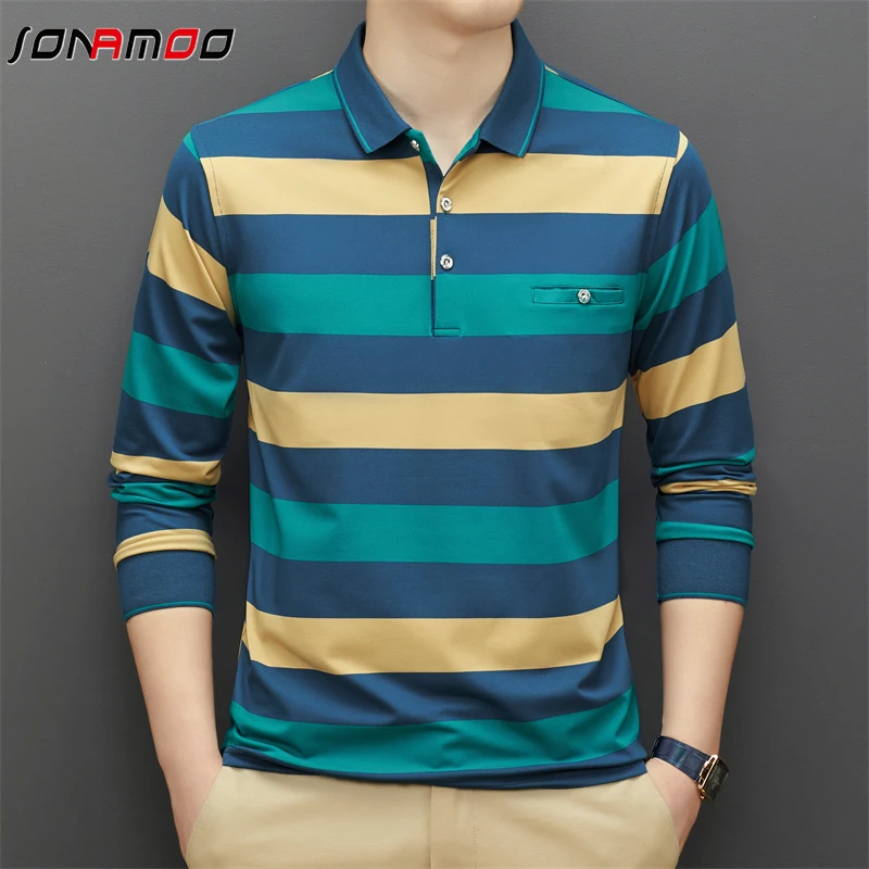 Spring and Autumn Long Sleeve Polo Shirt Fashion Stripe Men\'s Polo Neck Top Pure Cotton Daily Long Sleeve Polo Shirt