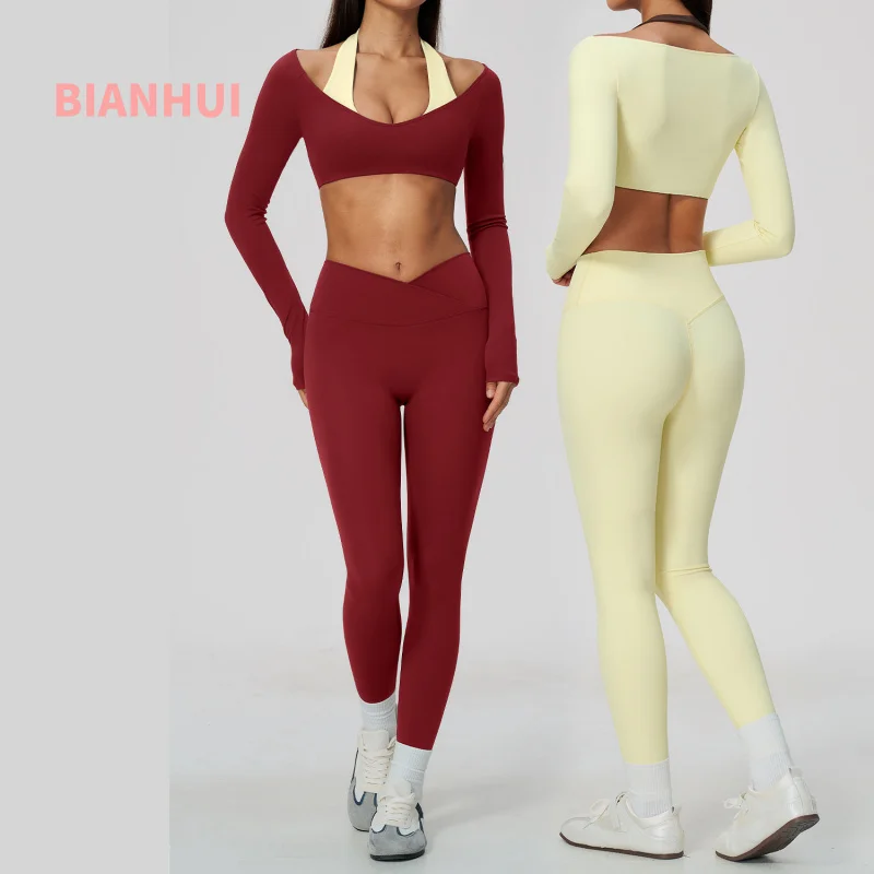 Faux 2 Piece Sports Outfit For Women Long Sleeve Crop Top High Waist Leggings Hip Lifting Breathable Set Outdoor Gym Activities
