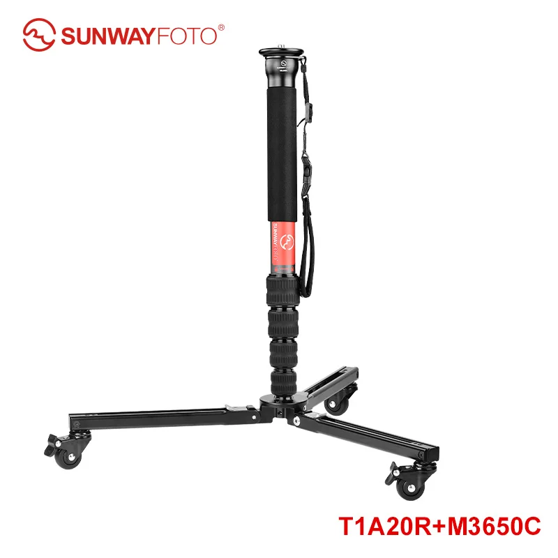 SUNWAYFOTO T1A20R Monopod Dolly, robuuste, rollende standaard, draagvermogen 110 lbs (50 kg), rubberen wielen voor fotografie, standaard met wielen.
