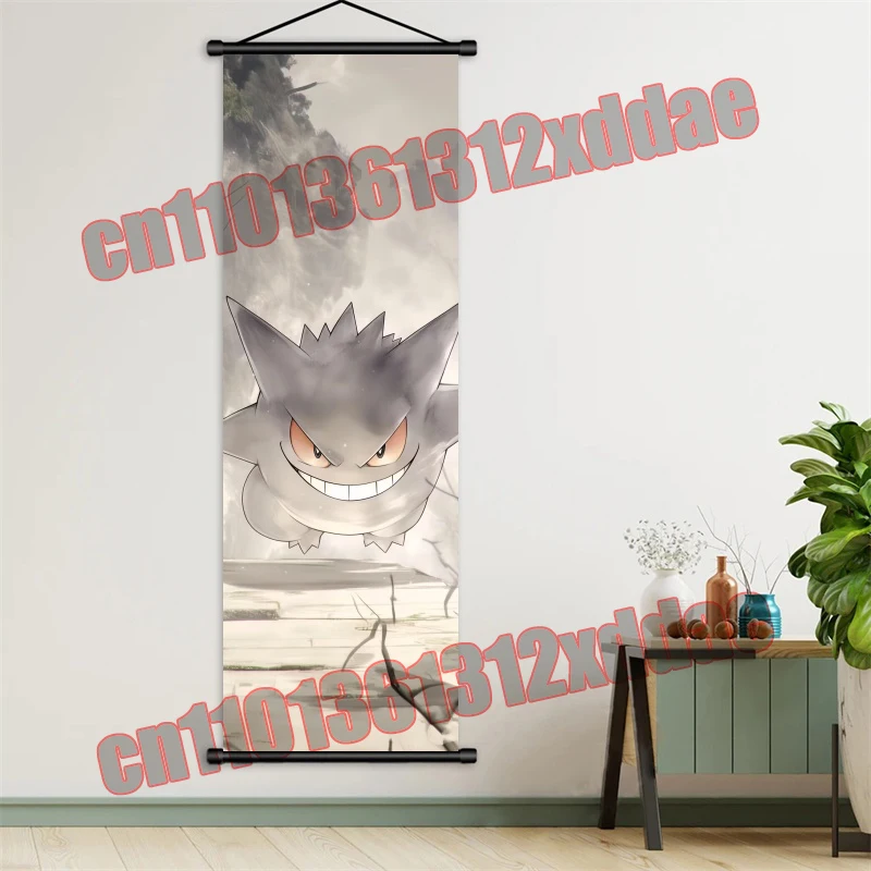 애니메이션 포켓몬 레트로 포스터, Gengar, Eevee, Charmander, Bulbasaur, Pikachu, 인쇄 아트 흰색 캔버스 장식 스크롤 드로잉