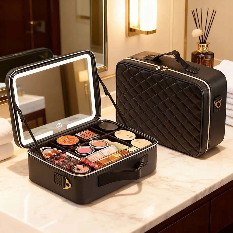 Large Size Female Travel Professional Makeup Case With Mirror 3 Color LED Lights Makeup Bag Women,Cosmetic Train Case Beauty Box