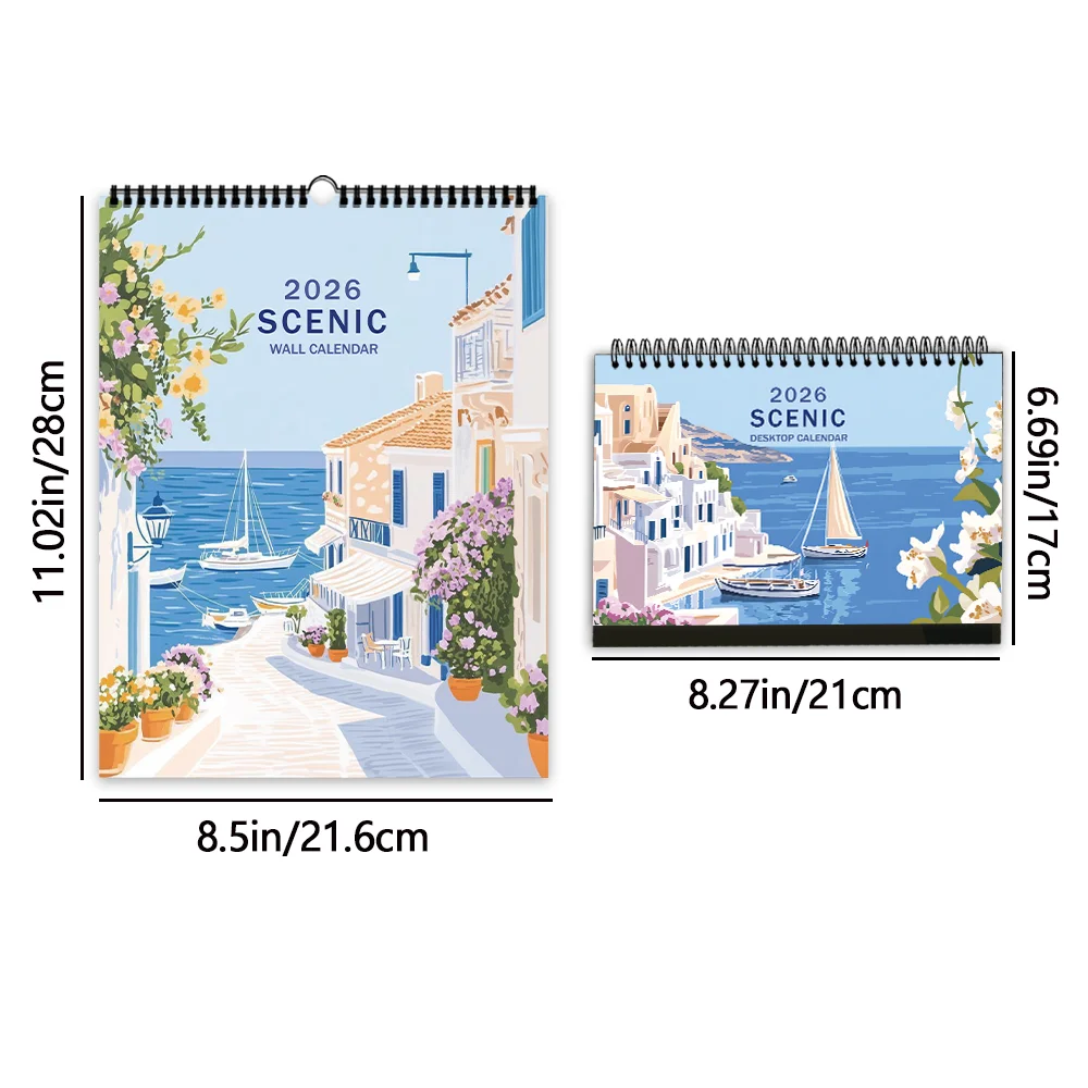 2 Stück/1 Satz 2026 handgezeichneter Reisetagebuch-Themen-Schreibtischkalender und Wandkalender, 12 einzigartige Designs, Geburtstag, Weihnachten, Neujahr, Geschenk