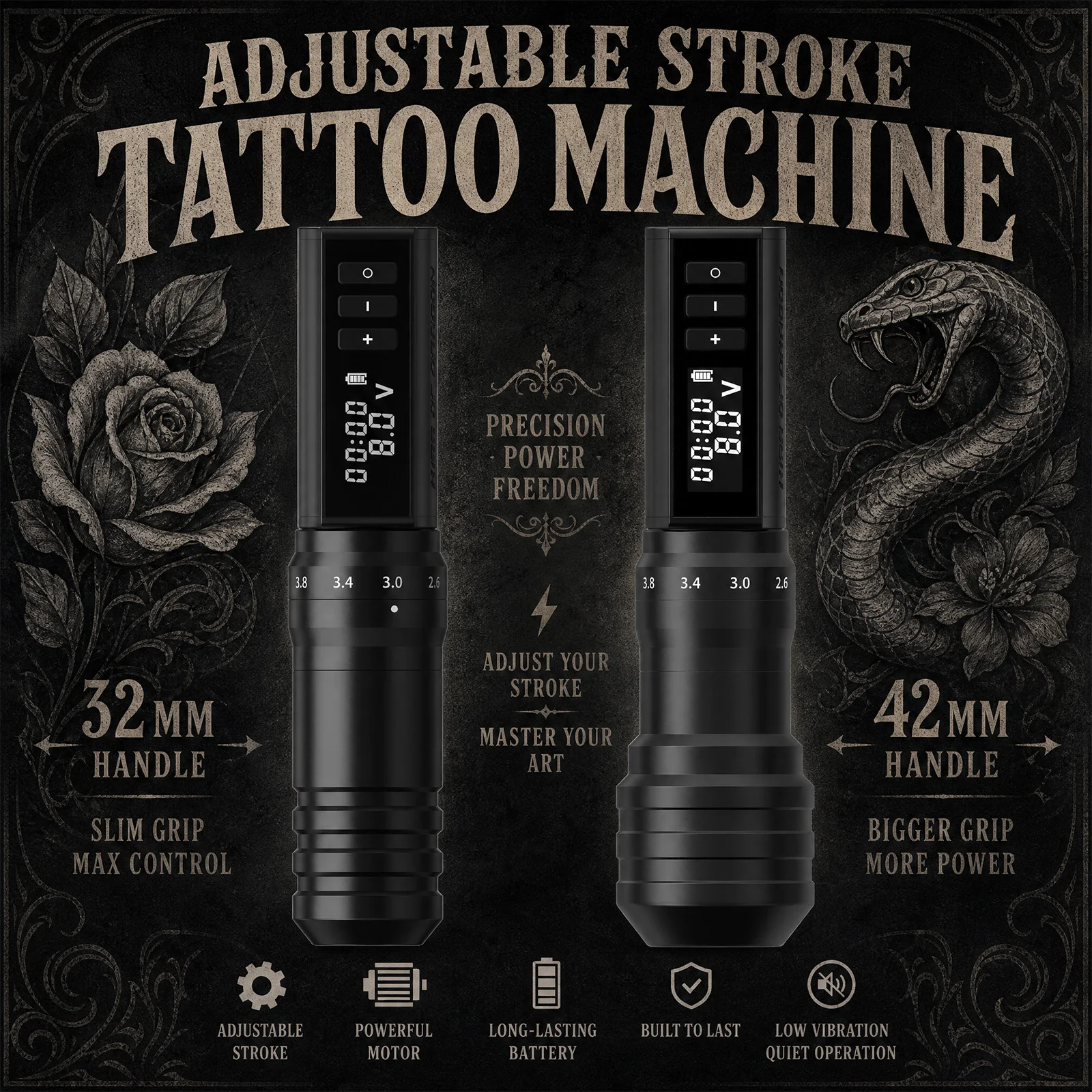 Ambition Hunter Max 2.2-4.2mm Adjustable Stroke Professional Wireless Tattoo Pen 2400 Battery with 32mm+42mm Grip for Body Art