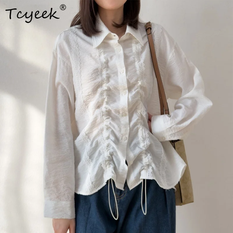 Tcyeek 76% Real Silk Shirts for Women 2026 Spring Autumn French-style Drawstring Lace White Blouse Woman Clothes Рубашка Женская