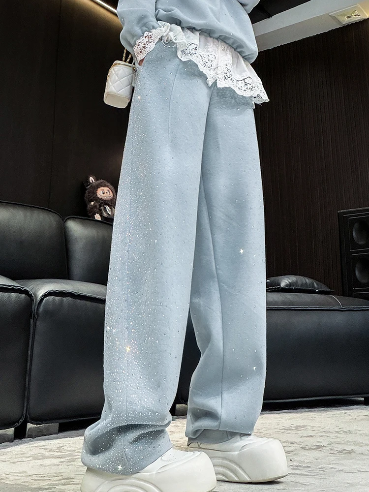 

Women's Fce Lined Casual Pants Spring 2026 High Waist Straight Leg Pure Color Diamond Embellied Side Cut Knife