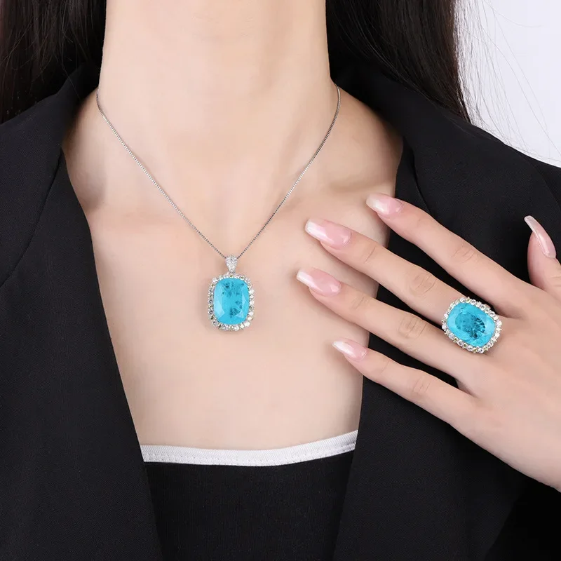 Jewelry S925 silver-plated 18K gold new paraiba color fat rectangular light luxury texture women's set 15 * 20 jewelry