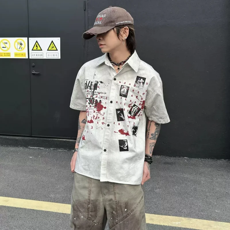 

Street Fashion Printing Dirty White Short Sleeve Loose Shirt For Man In Summer New Style Distressed Handsome Fashion Brand