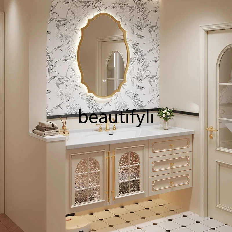 TTT Bathroom cabinet combination ceramic integrated basin rock slab washbasin toilet sink cream wind washbasin cabinet
