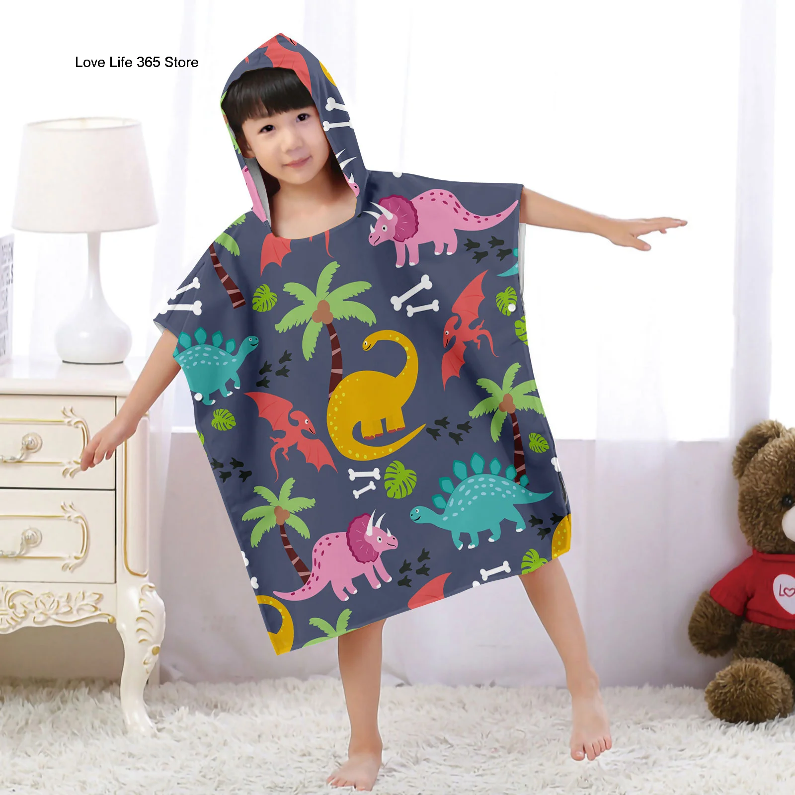 Cute Dinosaur Microfiber Quick Dry Hooded Bath Beach Towel Swimming Changing BathRobe Beach Play Surf Cloak Adult Child