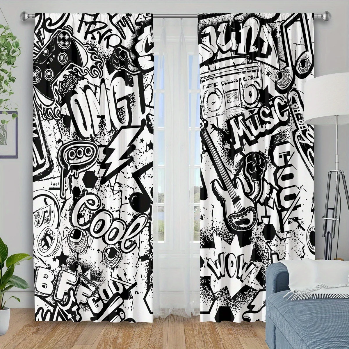 2pcs Graffiti Music Curtains Black White Guitar Boombox Print Drape Game Room Bedroom Window Treatment Urban Home Decor Panels