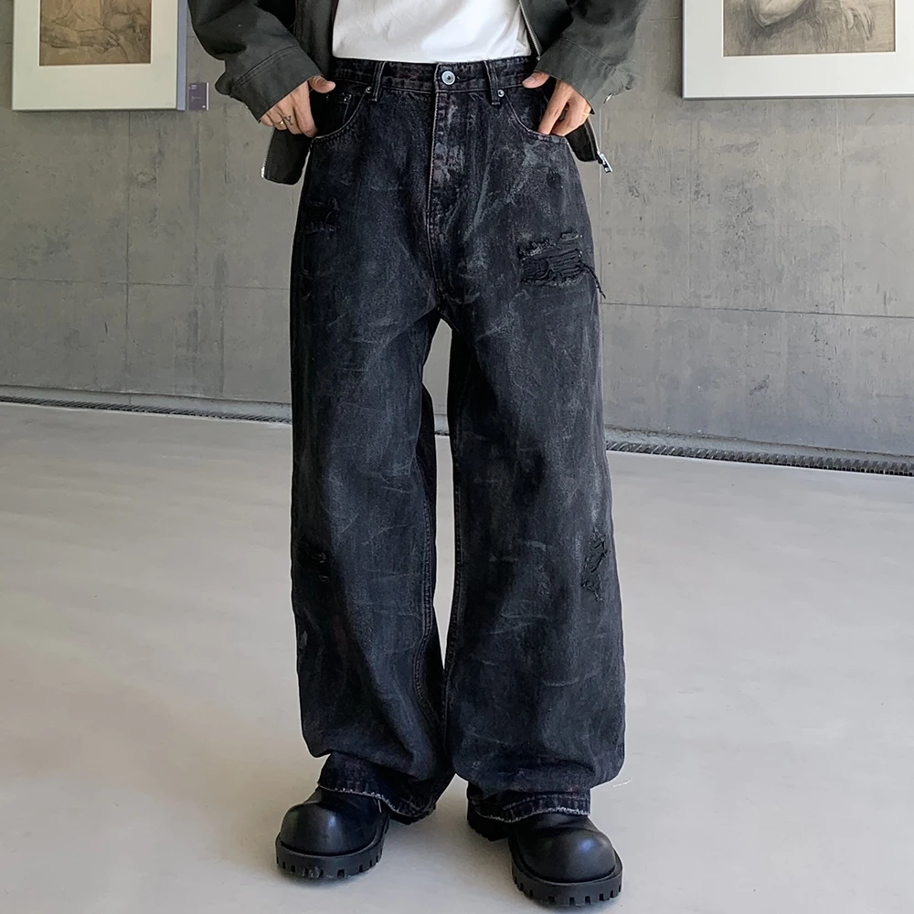 

Men's Baggy Denim Jeans Loose Wide Leg Straight Pants Holes Ripped Distressed Washed Black Trousers High Quality