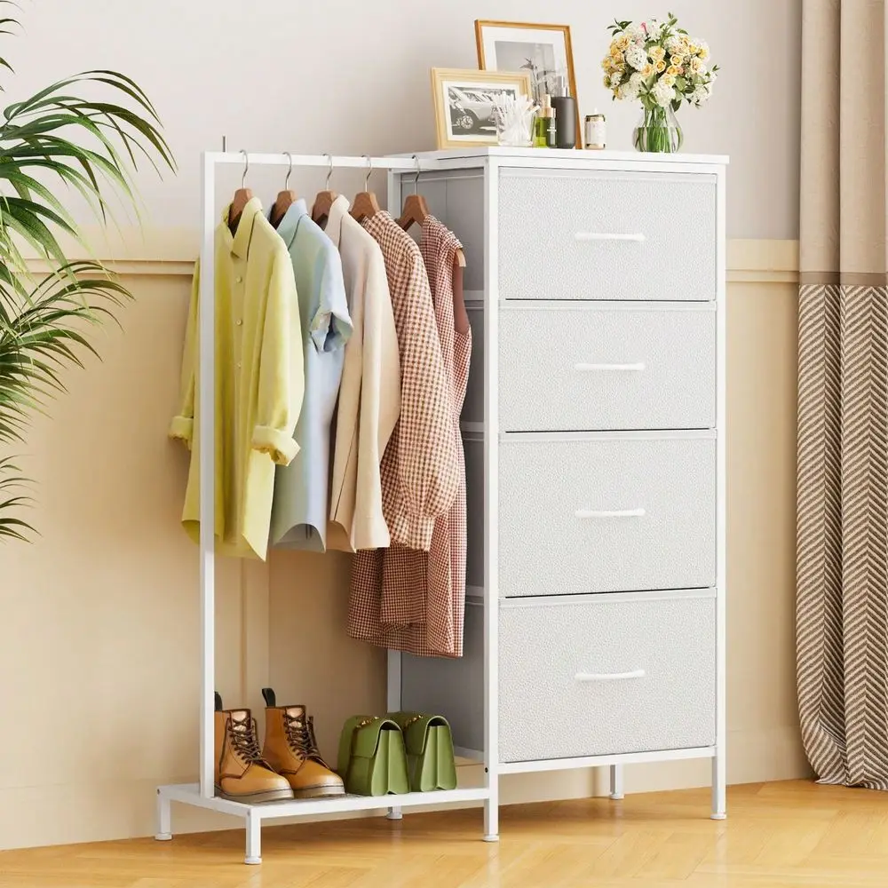 Dresser For Bedroom With 4 Fabric Drawers, Fabric Dressers Chest Of Drawers With Clothes Rack, Wooden Top, Grid Panel, Closet, - view 3
