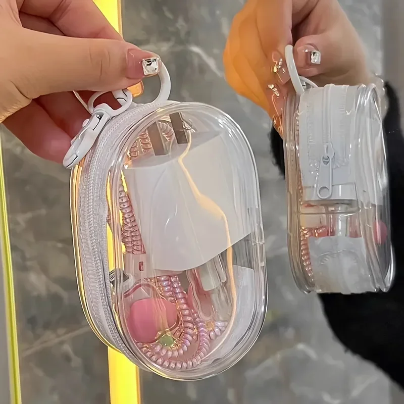 Portable Mini Transparent Zipper Multifunctional Storage Bag with Keychain Ring Charger Case Coin Purse Travel Accessories