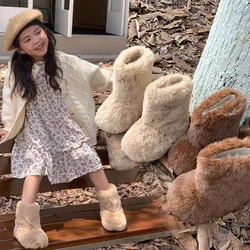 Botas de nieve de piel esponjosa para niños, zapatos de algodón suaves y cálidos con zapato de felpa, moda para chicas, botas altas gruesas y cálidas de algodón de princesa