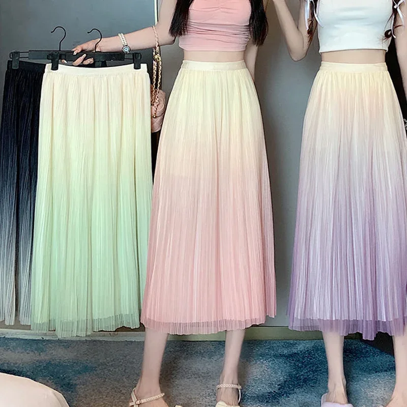 

Elegant Fashion Elastic High Waist Pleated A-line Mesh Skirt Women Sweet Gradient All-match Skirts Female Clothes V91
