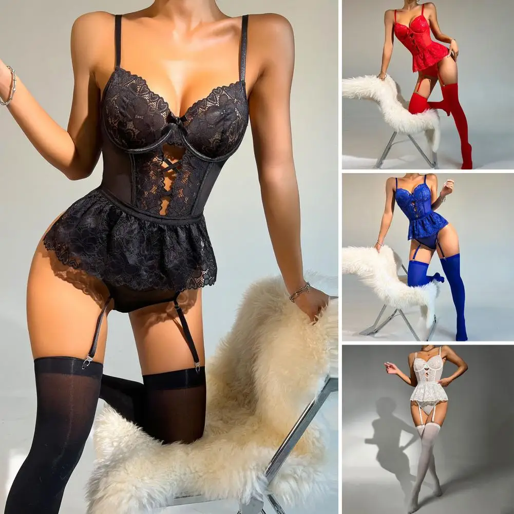 

Women Sexy Deep V Sling Bodysuit See-through Heart Lace Elasticity Romper Solid Color Shaping One-piece Underwear With Underwire