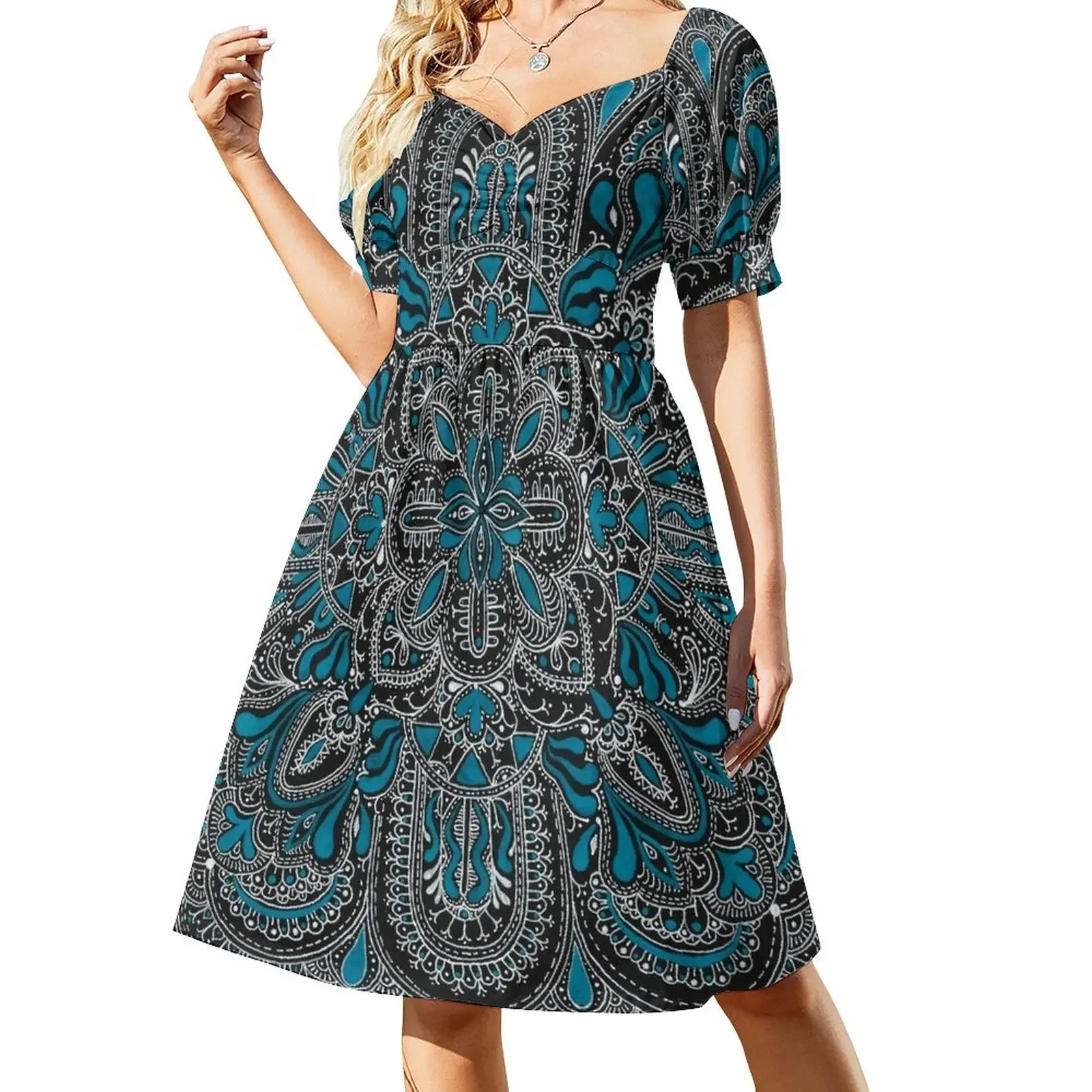 

Black, white, turquoise mandala pattern Short-Sleeved Dress Female clothing elegant chic wedding evening dresses