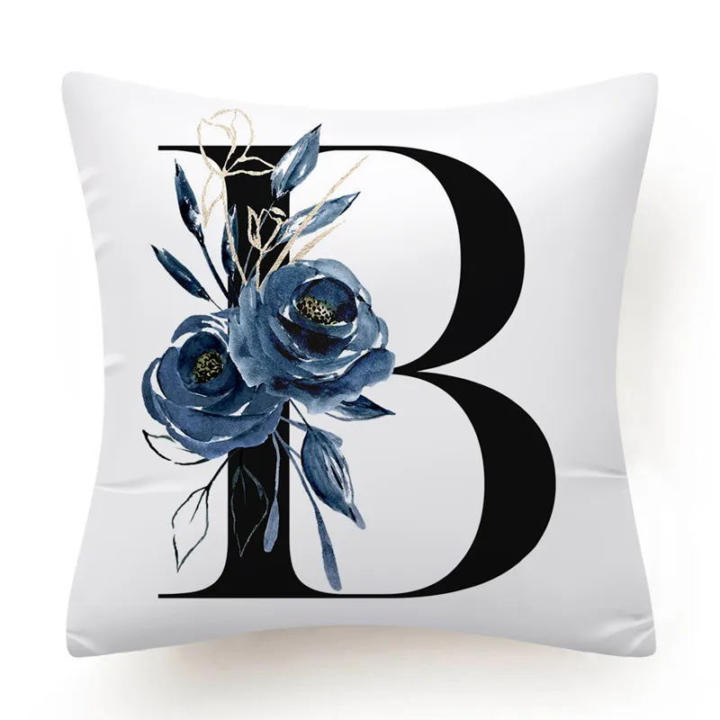 Floral Alphabet Cushion Cover 45x45 Blue Flowers Pillowcase Decorative Sofa Cushions Throw Pillows  Home Decor Pillow Cases