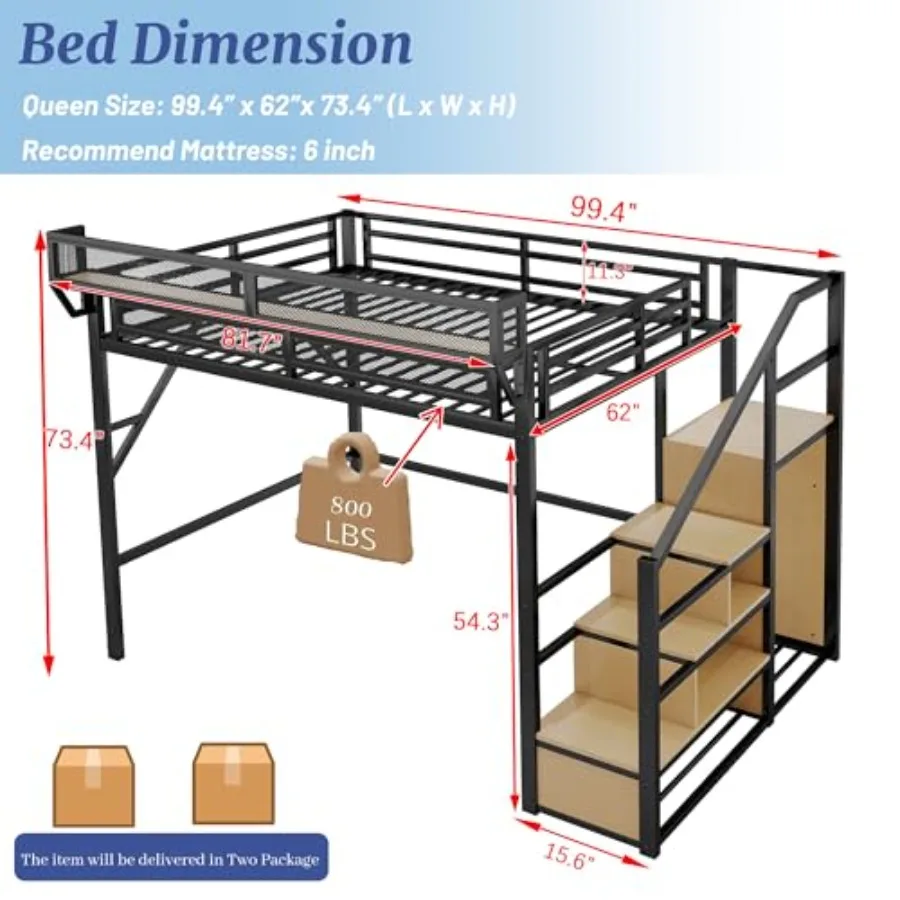 Size Loft Bed Frame for Adults, Metal Loft Bed with Stairs and Storage, Wardrobe, Bedside Shelf and Large Under-Bed Space, Heav