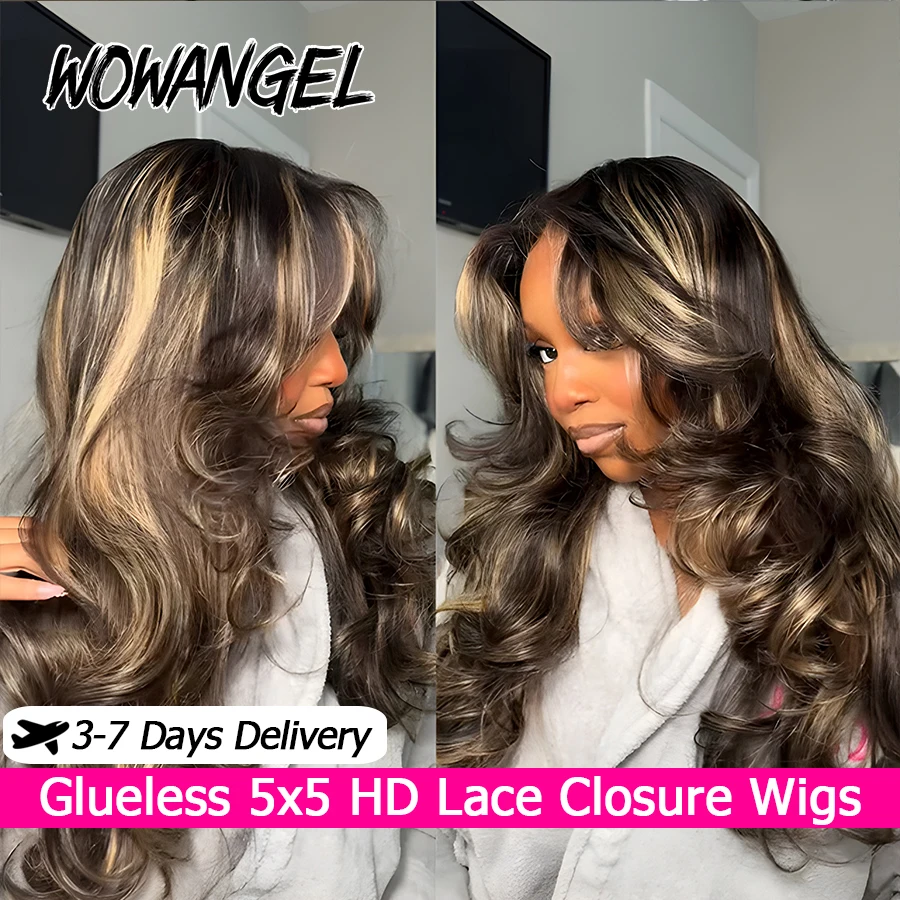 WOWANGEL 1B/27 Highlight Body Wave Wig Glueless 5x5 HD Lace Closure Wig 100% Human Hair Pre Plucked Natural Hairline Blonde Wig