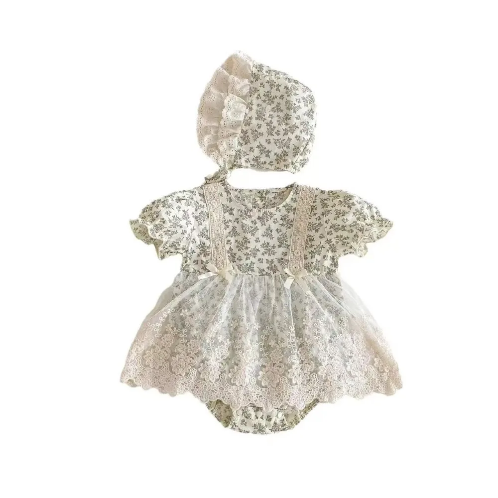 Soft Lace Mesh Baby Jumper Dress Bodysuit Fluffy Flower Baby Jumpsuit Sweet Cotton Toddle Climb Suit Gifts