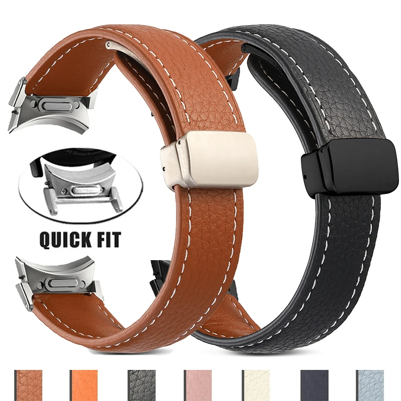 No Gaps Leather Band for Samsuang Galaxy Watch 4/5/6 40mm 44mm 6 Classic 47mm 43mm Quick Fit Strap White Magnetic D-Buckle Band