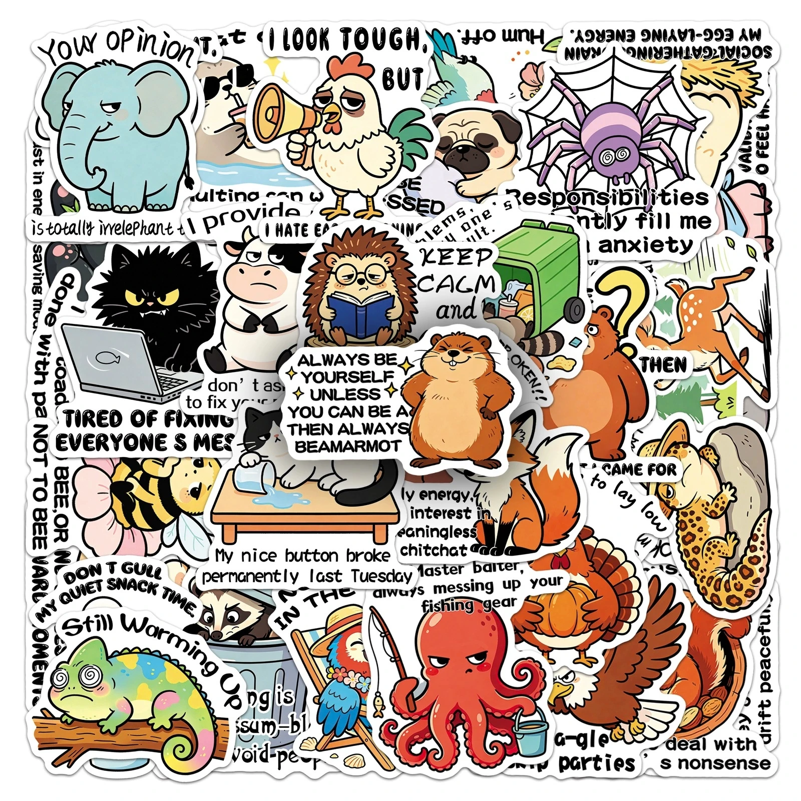 50Pcs Funny Animal Quote English Sentence Waterproof Stickers for Laptop Skateboard Helmet Reward Journal DIY Decor Decals