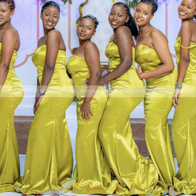 Simplicity Lemon Yellow Bridesmaid Dresses for African Women Shiny Satin Sweetheart Mermaid Long Formal Wedding Guest Dress 2023