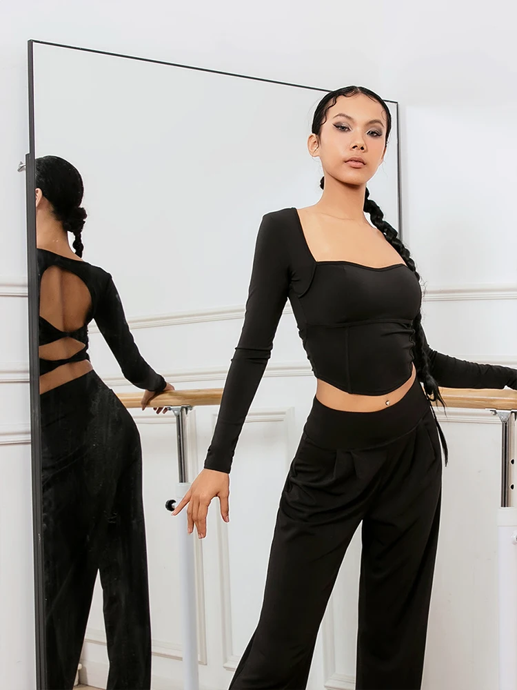 Latin Dance Practice Stage Costume Black Backless Slim Fit Tops Ballroom Modern Dance With Chest Pad Dance Practice Suit XH167