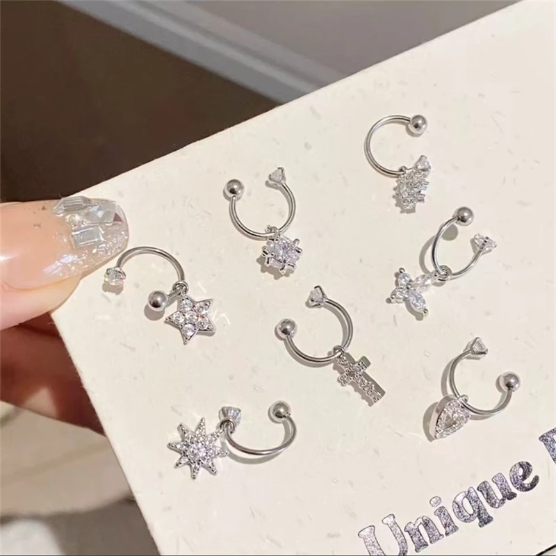 

New Fashion Snow Cross Shape 316L Stainless Steel Annular Ear Bone Nail Delicate Zircon Earring for Women Y2K Punk Jewelry Gift