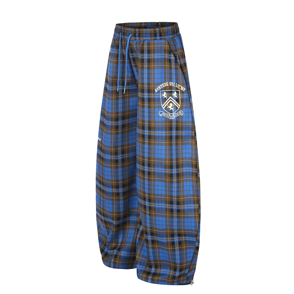 MWJLPWQ Oversized Plaid Print Curved-Leg Pants Men's American Street Style Loose-Fit Distinctive Pattern Casual Trousers 21444
