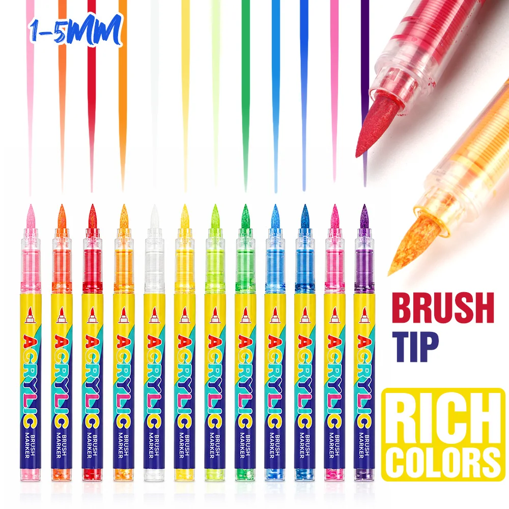 12 Colors Acrylic Brush Marker Set Soft Tip Paint Pen Canvas Glass Ceramic Creative Graffiti Art Drawing Crafts Stationery Items