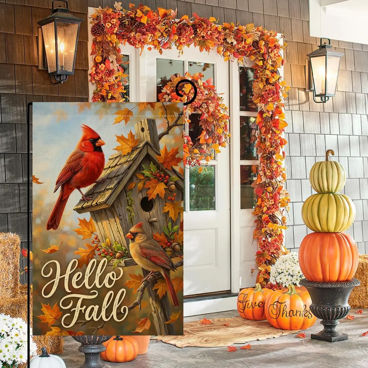 Fall Cardinal Birds Garden Flag 12x18 Birdhouse Maple Yard Decor jaa