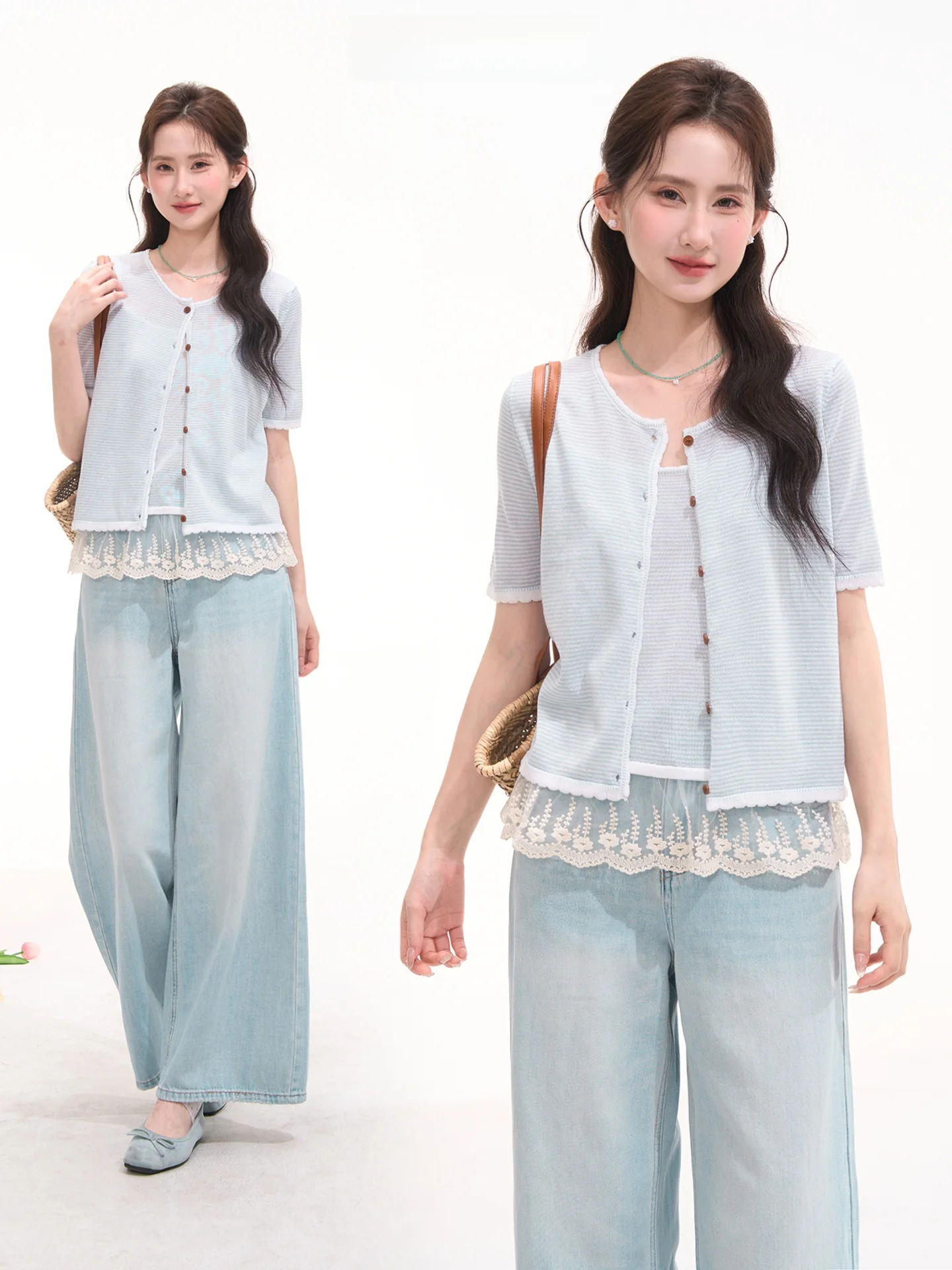 

Heme Mango Stripe Lace Trim Short Sleeve Tank Top And Bottoms Two Piece Set Casual Style Knitted Wear Spring Summer 2026