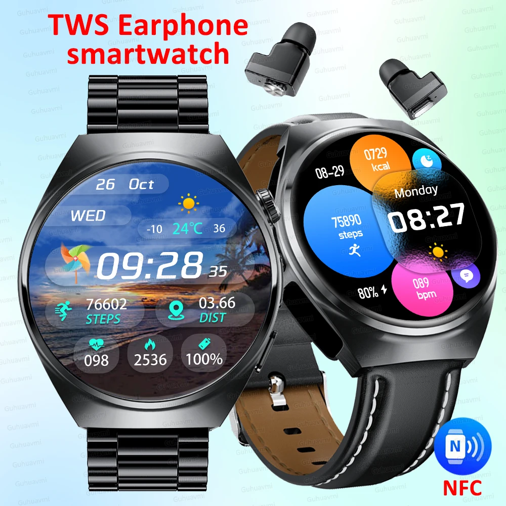 New NFC Smart Watch TWS Headset Two In One Wireless Bluetooth Dual Earbuds Call Health Monitor Sport Tracker 2024 Smartwatch man