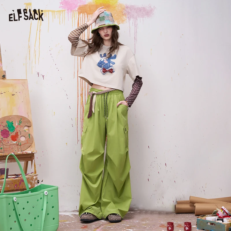 

ELFSACK Elastic Waist Wide Leg Cargo Pants with Side Pockets for Women