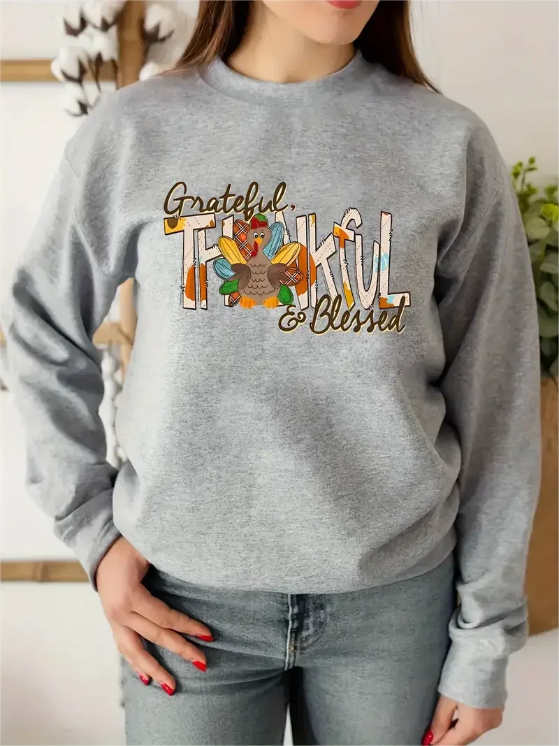 

Thanksgiving Print Casual Loose Long-Sleeved Sweatshirt, Pullover Crew Neck Sweatshirt, Women Clothing Winter