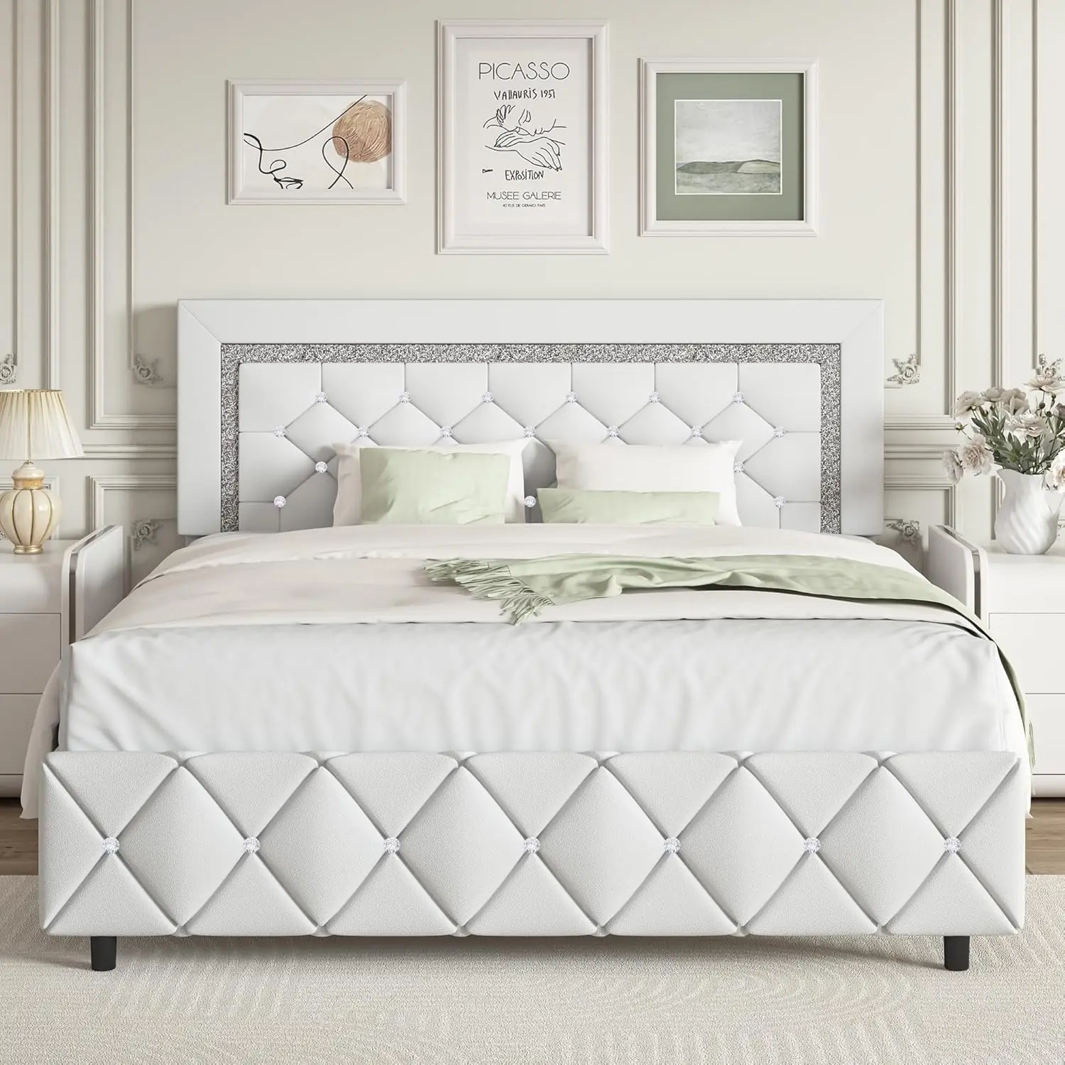 Queen Bed Frame, Upholstered Platform Bed with Button Tufted Headboard, Princess Platform Bed with Crystal Design, Wooden Slats