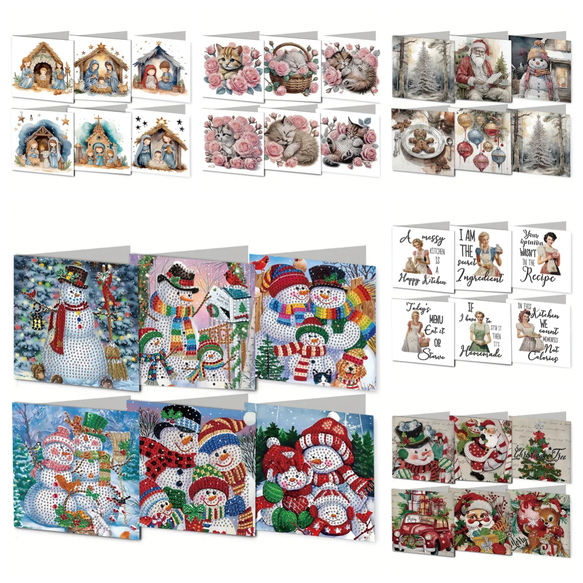 6 DIY Diamant-Bemalte Papier-Grußkarten und Postkarten mit Weihnachts-/Katzen-/Erntedank-Motiven, Weihnachtsgeschenke