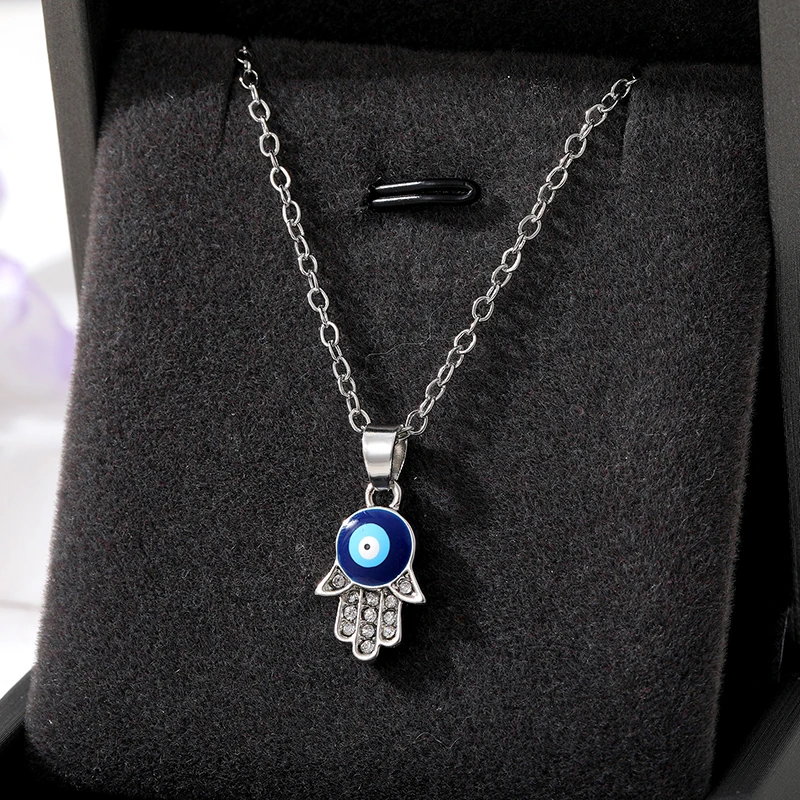 1PC Zircon Turkey Evil Eye Hand Hamsa Necklace For Women Gift Retro Enamel Blue Eye Fatima Hand Clavicle Chain Earrings Jewelry