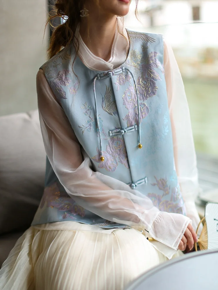 

New Chinese Style Stand Collar Embroidered Vest Gentle Retro Button Backless Top Daily Light National Style Women's Clothing