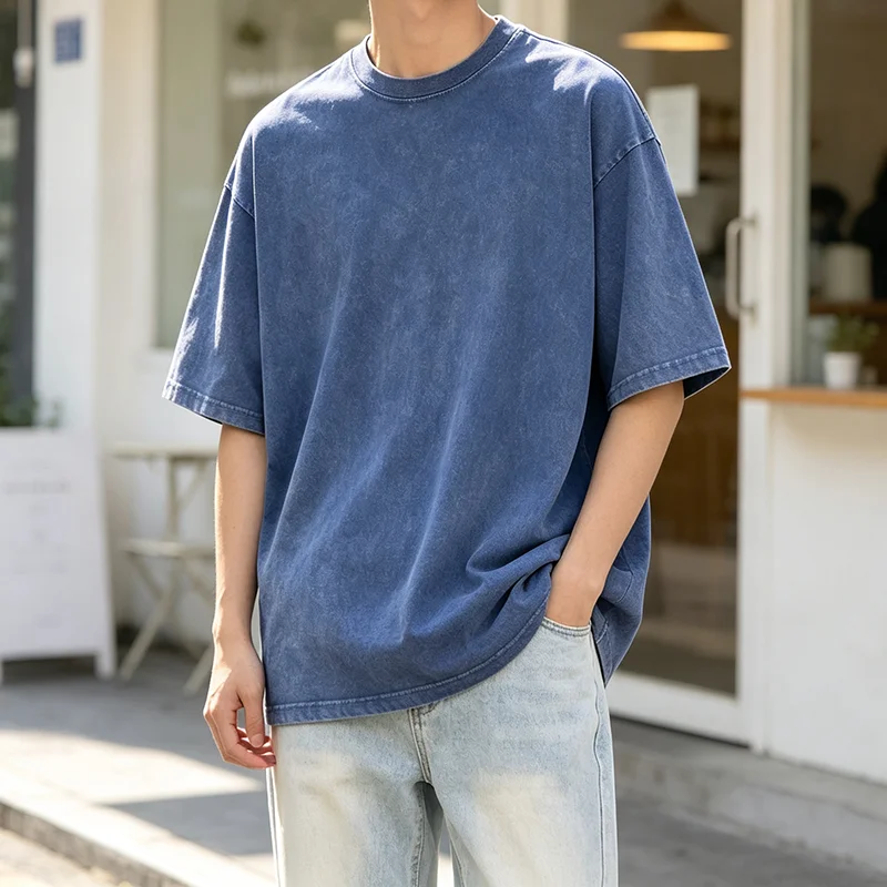 Vintage Washed Cotton Crew Neck T-Shirt Men Loose Fit Heavyweight Acid Wash Retro Short Sleeve Basic Plain Tee