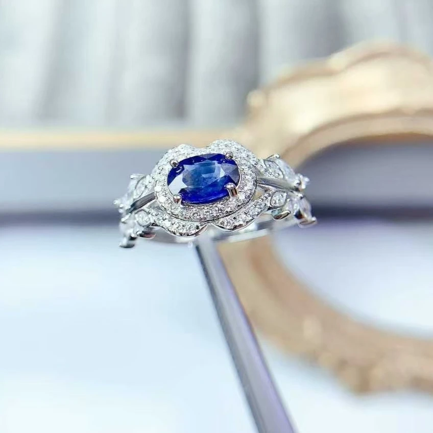 

Genuine Natural Sapphire Ring for Women 925 Silver Jewelry 5mm*7mm 0.7ct Real Blue Sapphire Jewelry with Thick Gold Plating