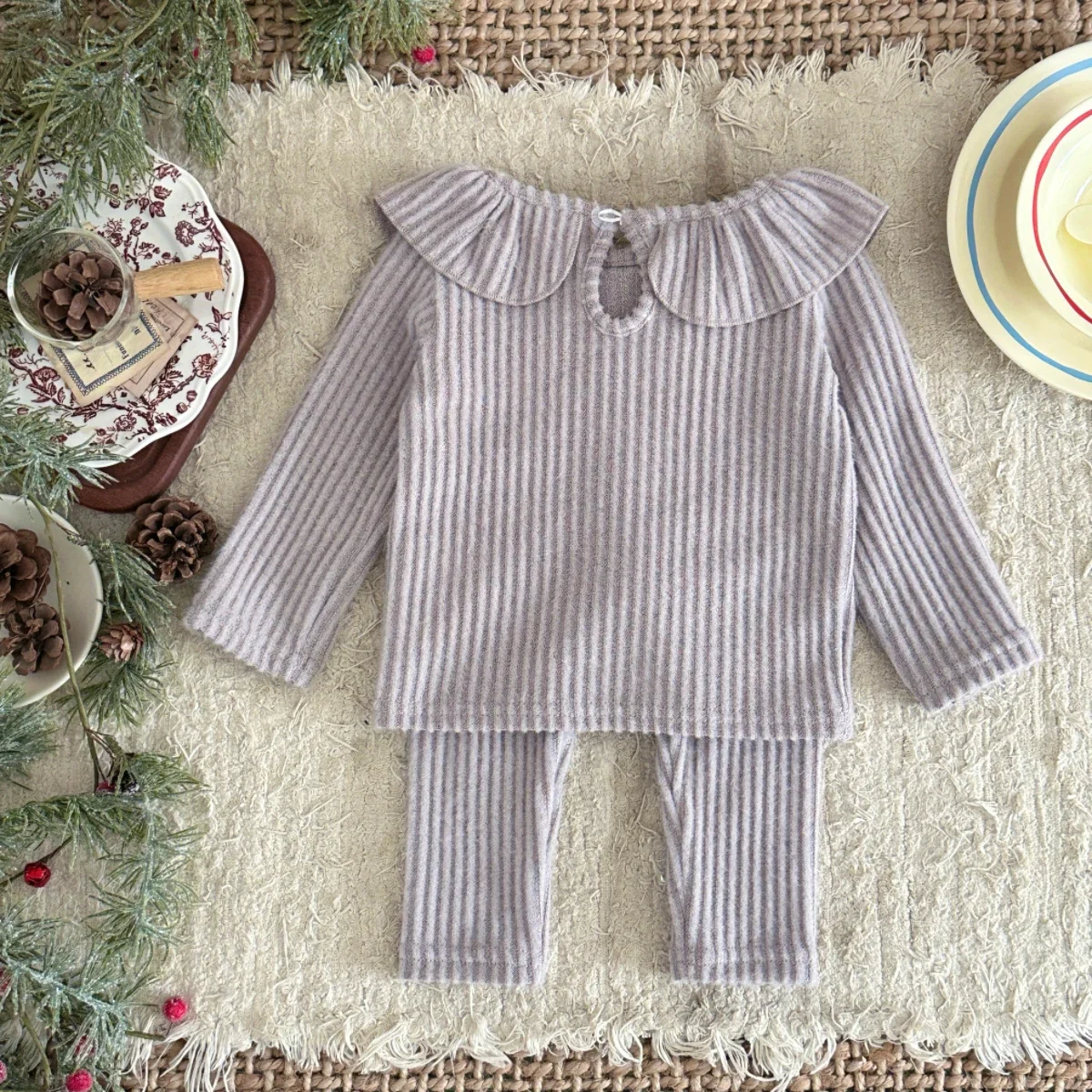 2PCS Spring Autumn New Style Comfortable Sweet Cute Solid Lace Lapel Pullover+Pant Baby Girl Clothes 1-3 Years