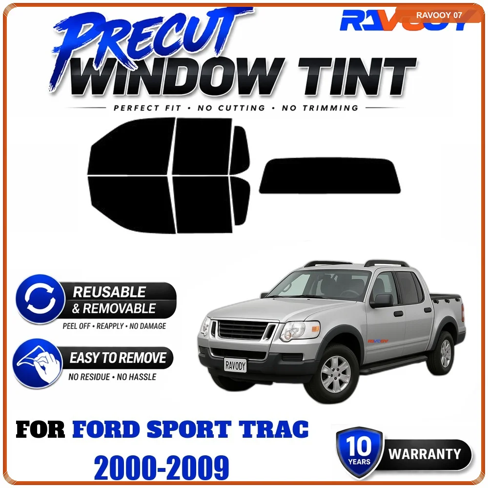 RAVOOY Precut Window Tint, Reusable Removable EPU Film, Custom Fit for Ford Sport Trac 2000-2009, UV Heat Protection