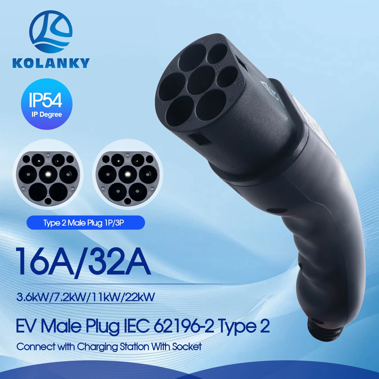 Kolanky EV Plug Type 2 Male  1P/3Phase Charging Gun Head 16A/32A IEC 62196-2 EV Charger Connector Connect to EV Charging Station