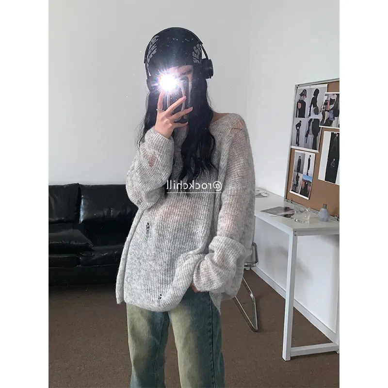 Y2k Hollow Out Summer Thin Knitted Sun Protection Shirt High Street O-neck Long Sleeve Loose Ripped Smock Goth Aesthetic Overall